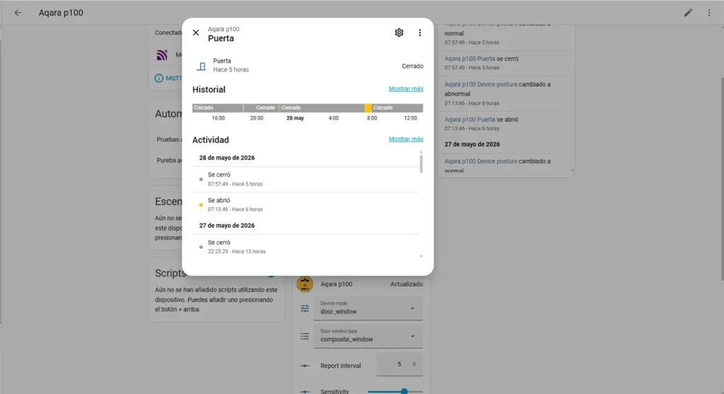 Historial de apertura y cierre del Aqara Multi-State Sensor P100 en Home Assistant