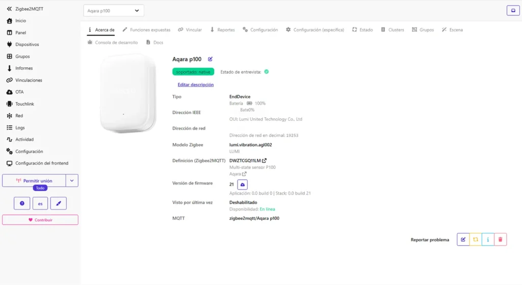 Aqara Multi-State Sensor P100 instalado en Zigbee2MQTT dentro de Home Assistant