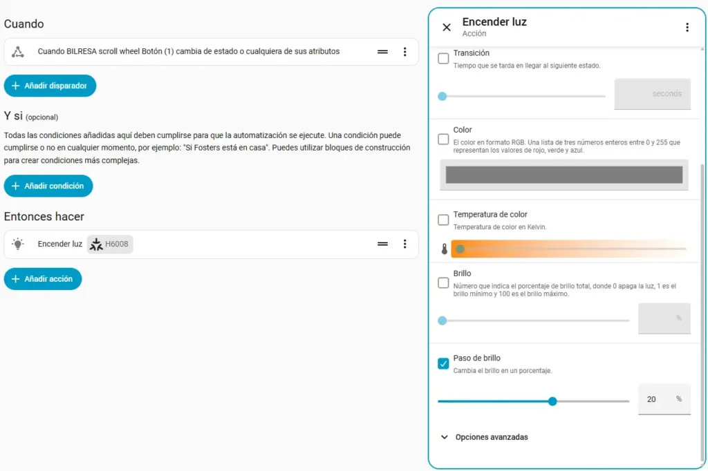 Automatización manual del IKEA BILRESA Scroll Wheel en Home Assistant para subir el brillo de una luz
