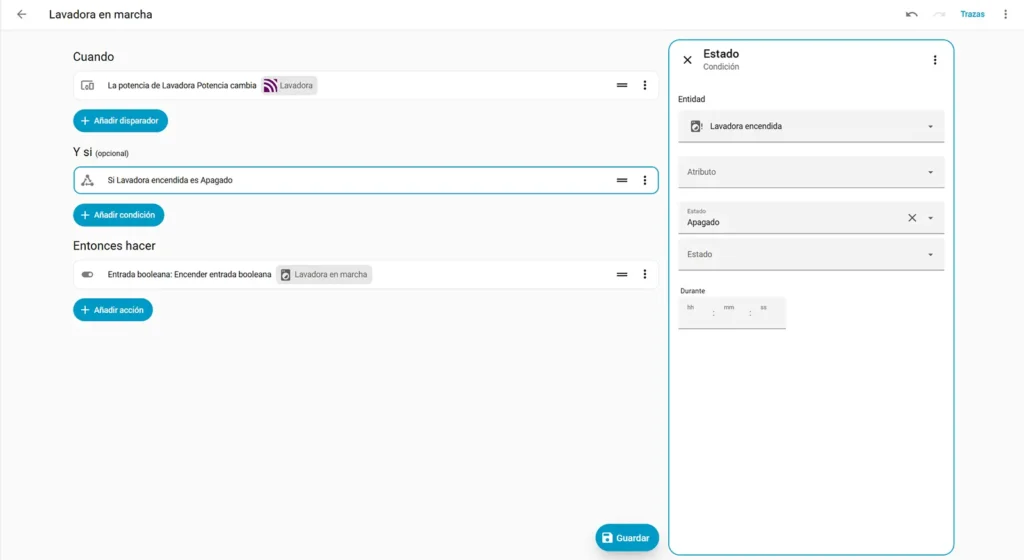 Condición de estado en Home Assistant configurada para que el ayudante de la lavadora esté apagado antes de activar la automatización.
