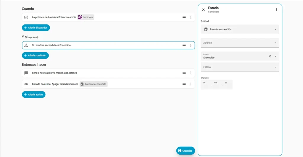 Condición de estado en Home Assistant que comprueba si el ayudante Lavadora encendida está activado antes de enviar la notificación.