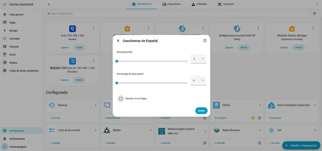 Configuración de descuentos y opción para mostrar la gasolinera en el mapa.