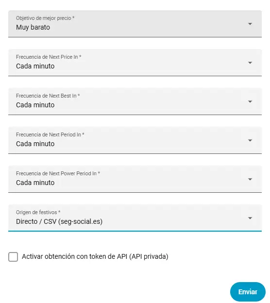 Pantalla de configuración de PVPC Next en Home Assistant con el objetivo de mejor precio, las frecuencias de actualización, el origen de festivos y la opción de token API privada.