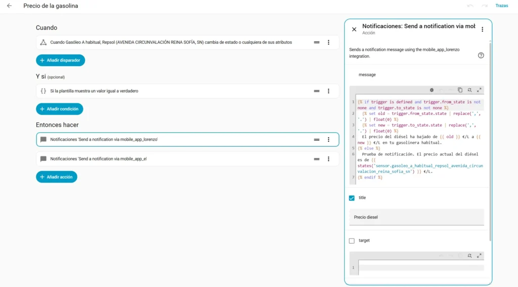 Configuración de la notificación en Home Assistant para avisar cuando baja el precio del diésel en la gasolinera habitual