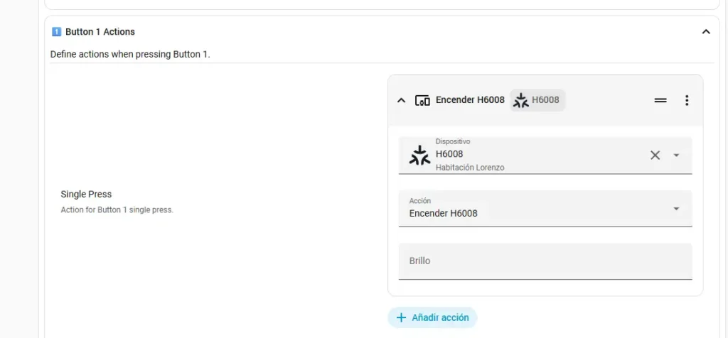 Configuración de Single Press en el blueprint del IKEA BILRESA Dual Button para encender una luz en Home Assistant