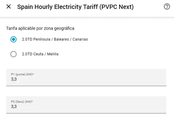 Configuración de PVPC Next en Home Assistant con la zona geográfica 2.0TD Península, Baleares y Canarias y los campos de potencia contratada P1 y P3.