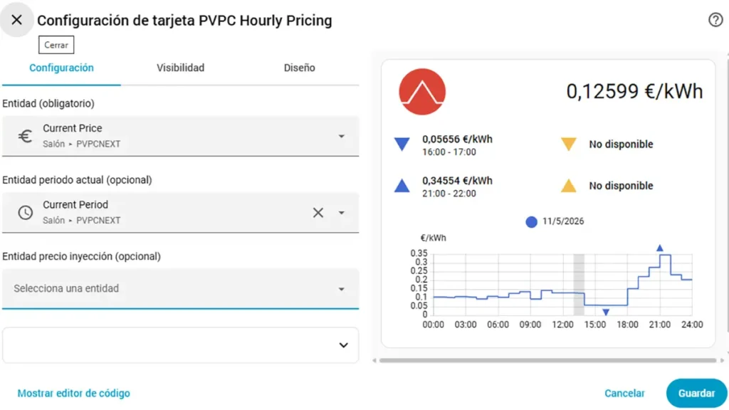 Configuración de la tarjeta PVPC Hourly Pricing en Home Assistant con las entidades Current Price y Current Period seleccionadas para mostrar el precio de la luz.