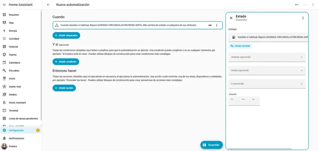Creación de una automatización en Home Assistant usando el sensor de la gasolinera como disparador de estado