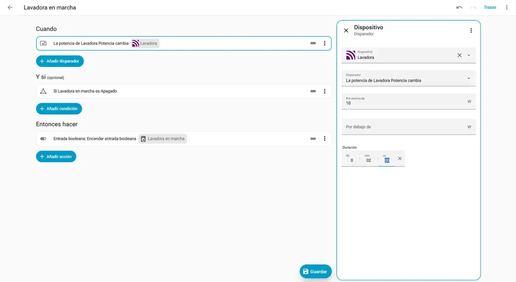 Automatización de Home Assistant con disparador de dispositivo para detectar cambios en la potencia del enchufe de la lavadora.