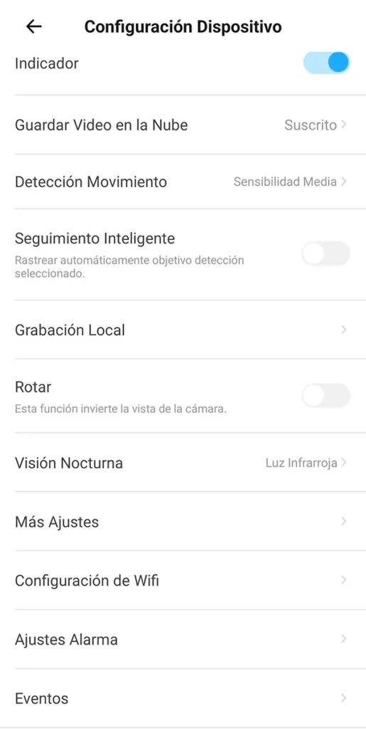 Pantalla de configuración de la SONOFF CAM Pan-Tilt 2 en eWeLink con detección de movimiento, seguimiento inteligente, grabación local y visión nocturna