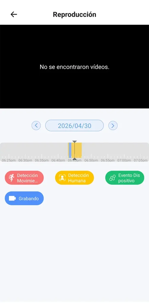 Pantalla de reproducción de eWeLink en la SONOFF CAM Pan-Tilt 2 mostrando eventos detectados pero sin vídeos encontrados