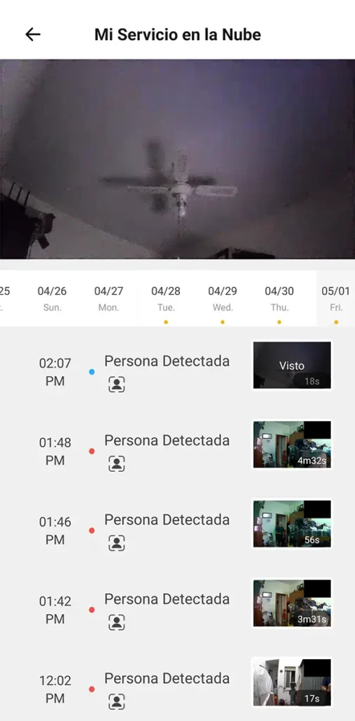 Servicio en la nube de eWeLink mostrando eventos de persona detectada en la SONOFF CAM Pan-Tilt 2