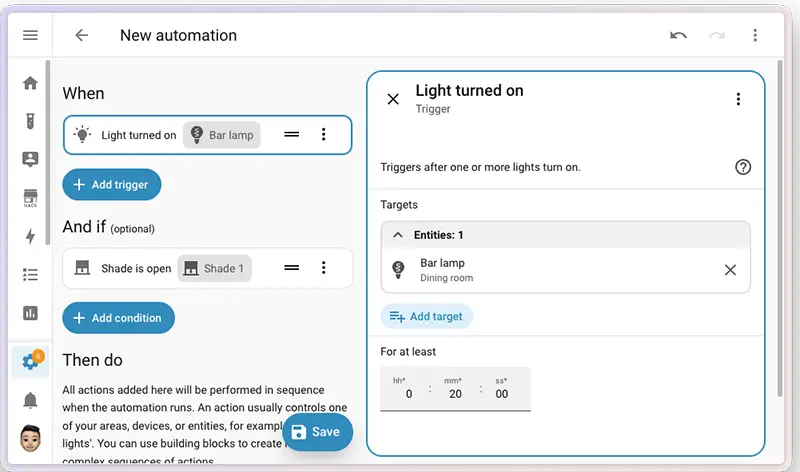 Editor de automatizaciones de Home Assistant 2026.5 configurando un disparador de luz encendida durante un tiempo mínimo