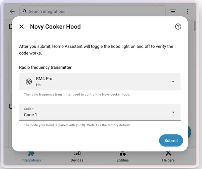 Configuración de la integración Novy Cooker Hood en Home Assistant 2026.5 usando un transmisor de radiofrecuencia RM4 Pro
