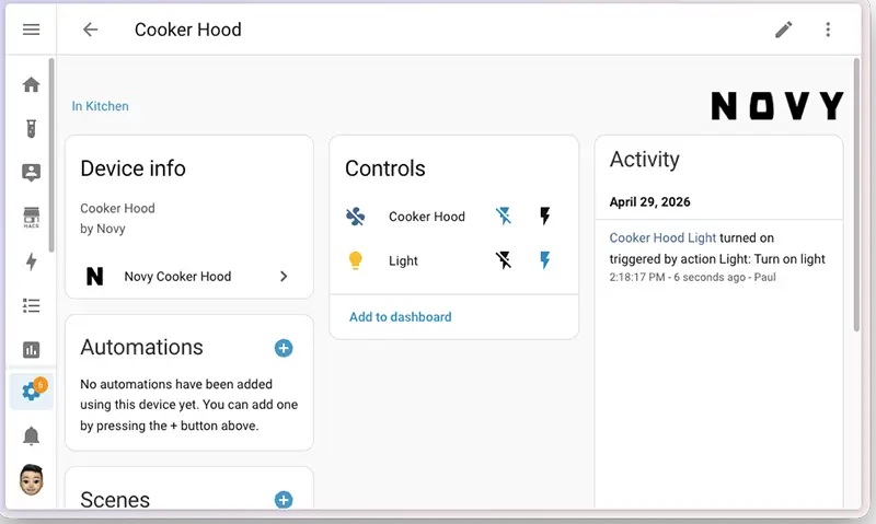 Pantalla de Home Assistant 2026.5 mostrando los controles RF de una campana Novy Cooker Hood con luz y actividad reciente