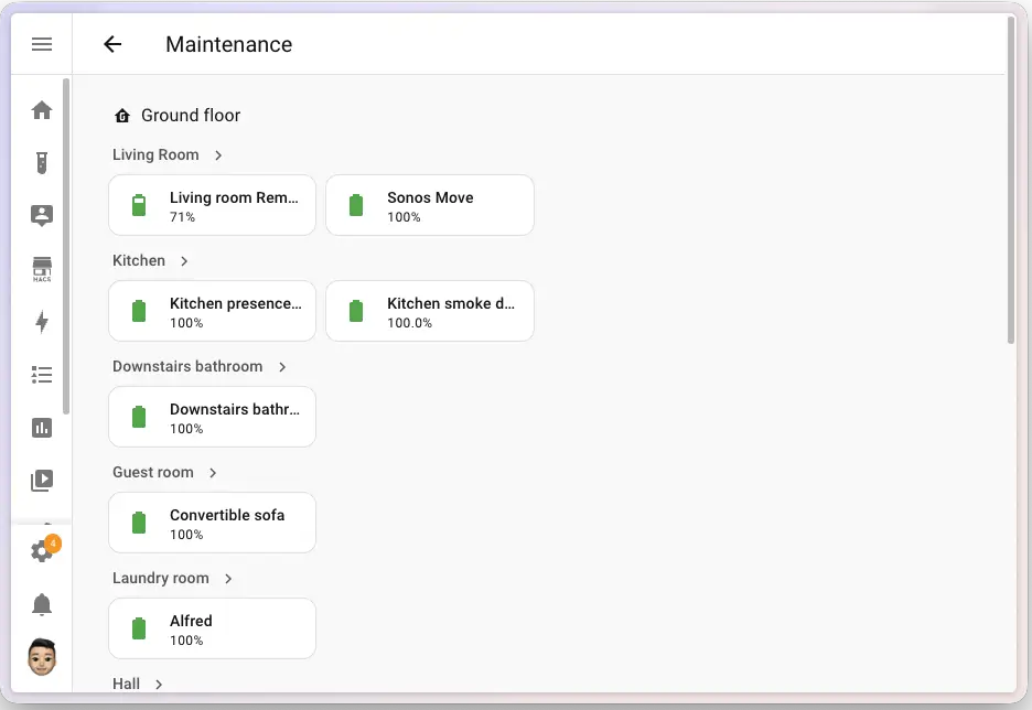 Panel Maintenance de Home Assistant 2026.5 mostrando el estado de batería de varios dispositivos agrupados por estancia