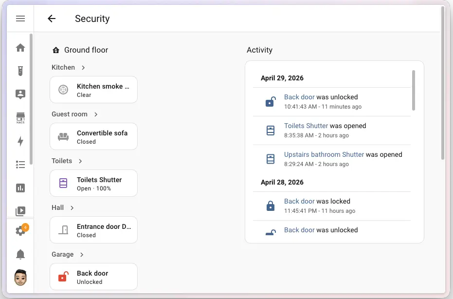 Panel de Seguridad de Home Assistant 2026.5 con registro de actividad de cerraduras, persianas y sensores agrupados por estancia