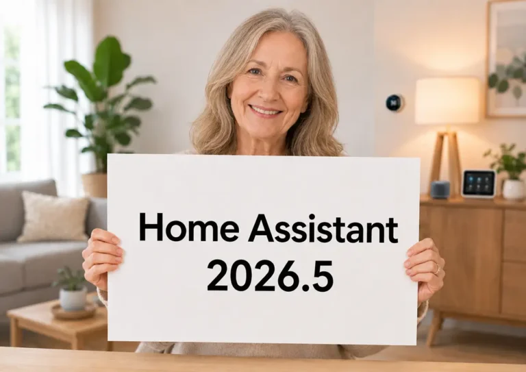 Mujer de unos 60 años sosteniendo un cartel con el texto Home Assistant 2026.5 en un salón con dispositivos de domótica