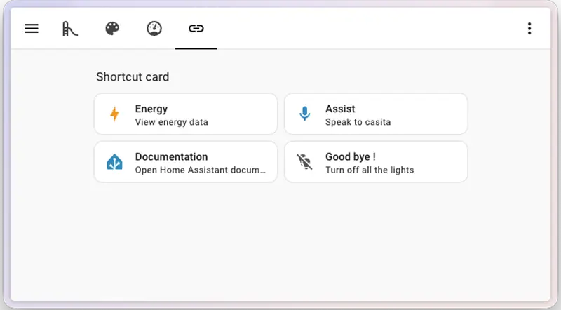 Nueva shortcut card de Home Assistant 2026.5 con accesos rápidos a energía, Assist, documentación y apagado de luces