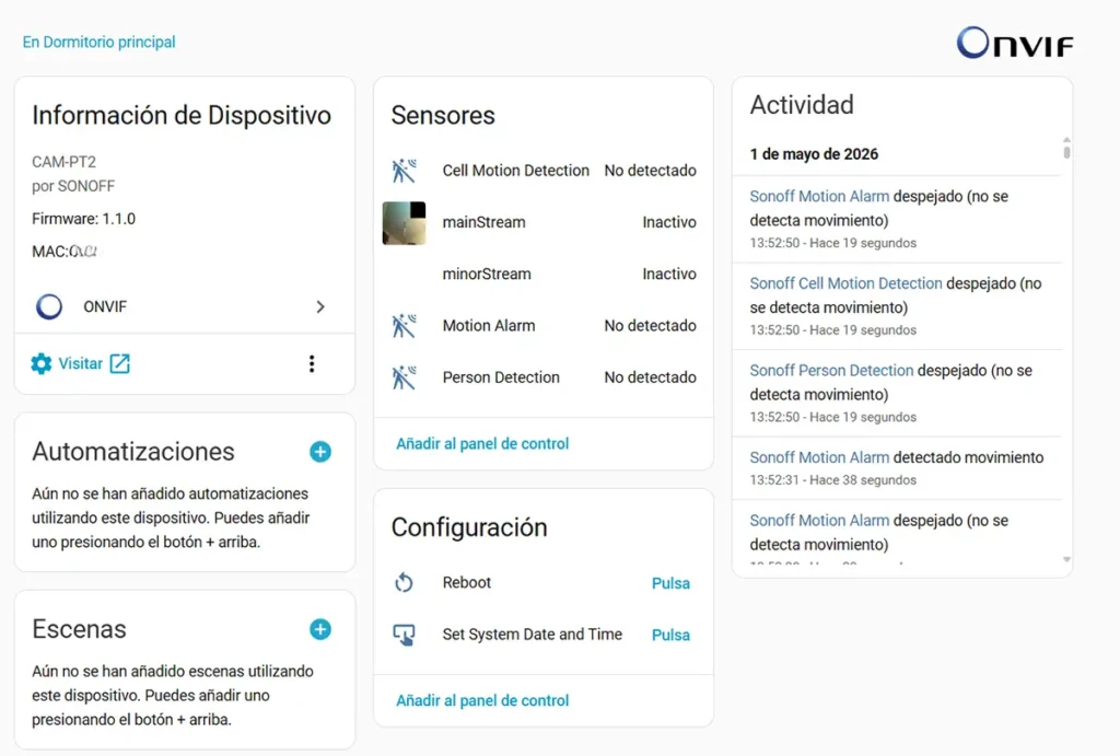 Integración ONVIF de la SONOFF CAM Pan-Tilt 2 en Home Assistant con sensores de movimiento, detección de personas, streams y actividad