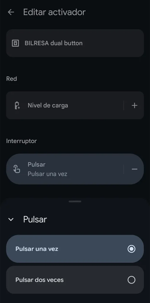 Google Home mostrando las opciones del mando IKEA BILRESA con pulsación simple y doble pulsación