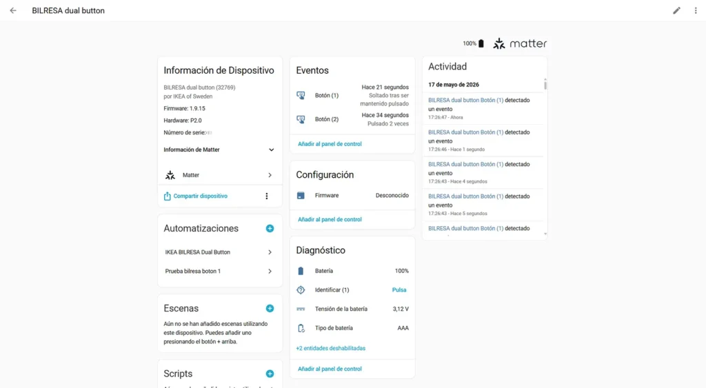 Mando IKEA BILRESA en Home Assistant mostrando pulsaciones, batería y configuración Matter