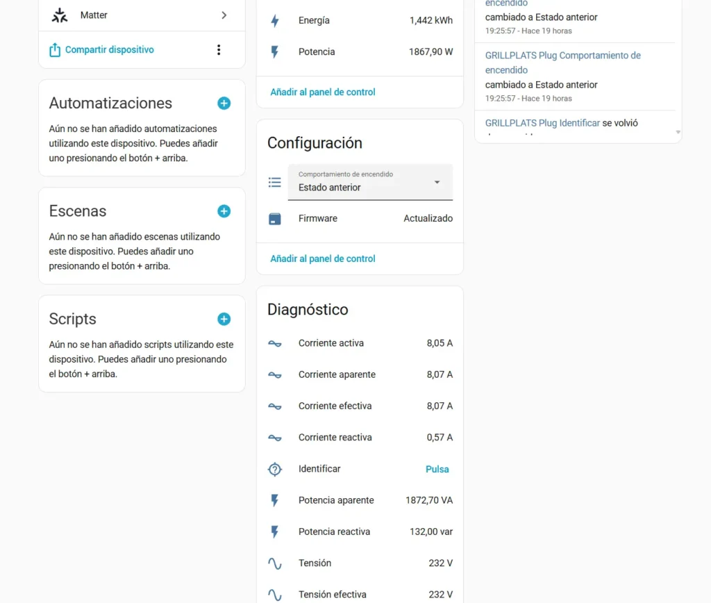 Panel de Home Assistant del IKEA GRILLPLATS mostrando consumo de 1867 W, corriente, tensión y diagnóstico durante la prueba con calefactor