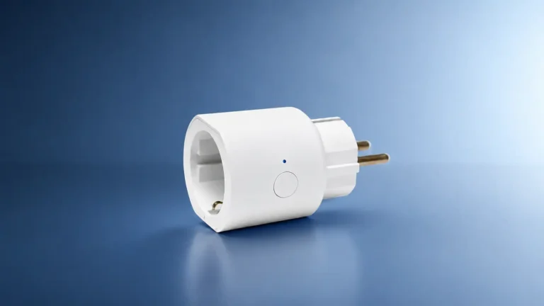 Enchufe inteligente IKEA GRILLPLATS sobre fondo azul en una imagen de portada para su análisis en Home Assistant
