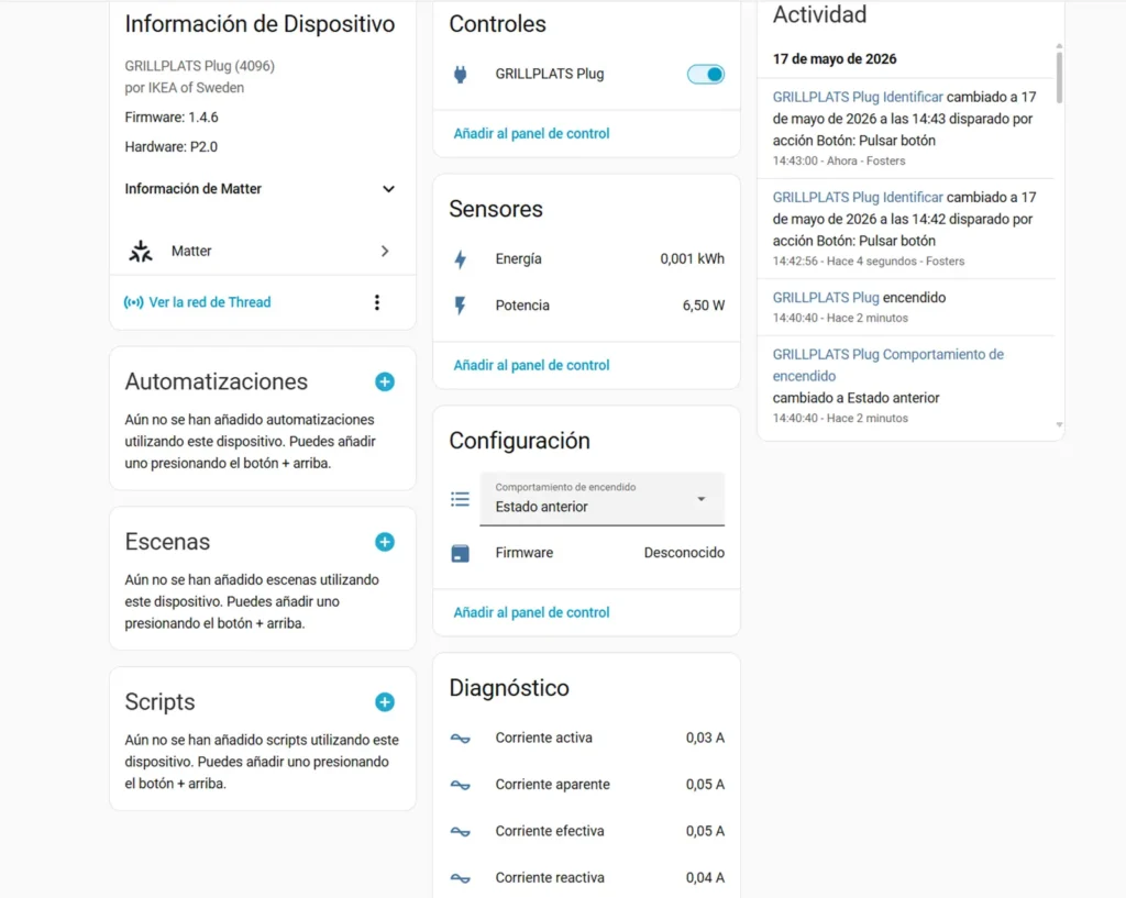 Panel de Home Assistant del IKEA GRILLPLATS mostrando sensores de energía, potencia y diagnóstico del enchufe Matter over Thread