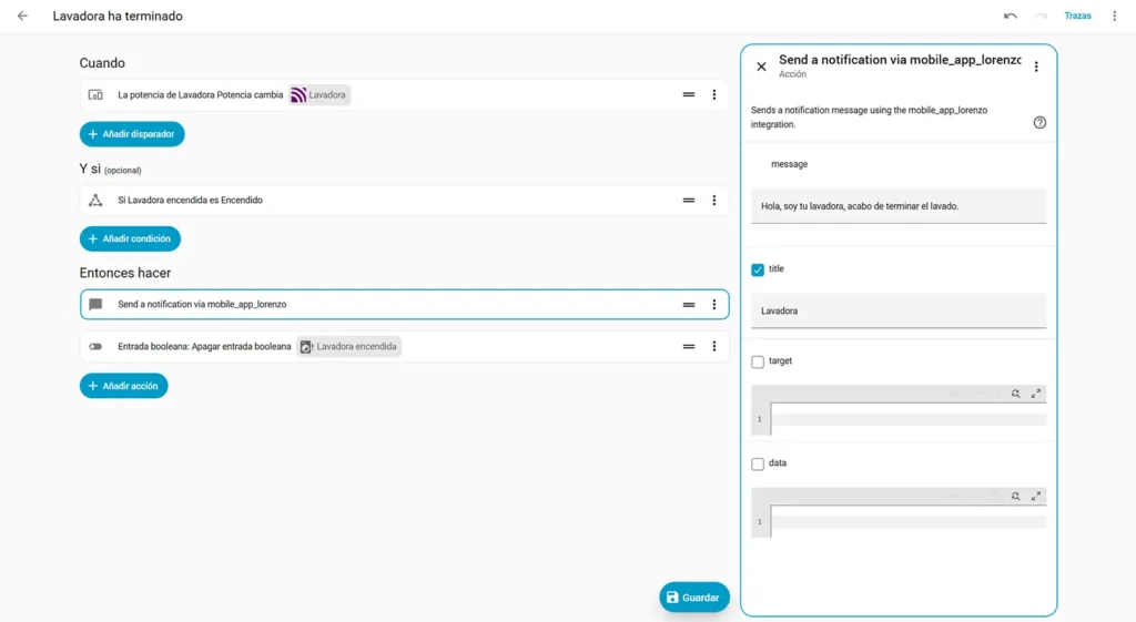 Acción de notificación en Home Assistant configurada con el título Lavadora y el mensaje que avisa cuando termina el lavado.