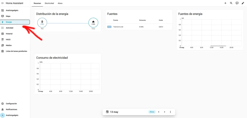 Panel de Energía de Home Assistant con la sección Energía señalada para configurar el consumo eléctrico y calcular costes con PVPC Next.