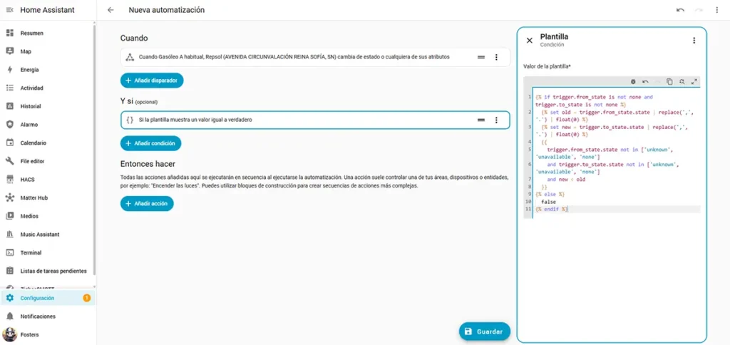 Condición de plantilla en Home Assistant para detectar si el precio de la gasolina ha bajado