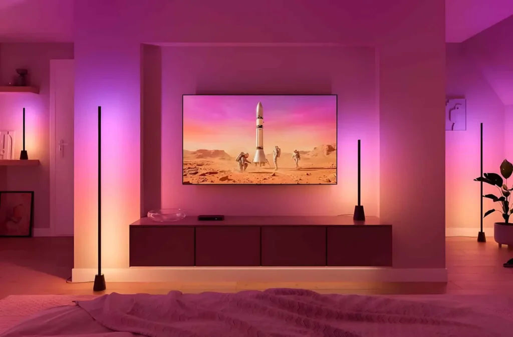 Philips Hue Play de mesa y de pie iluminando un salón con luz ambiental rosa y naranja