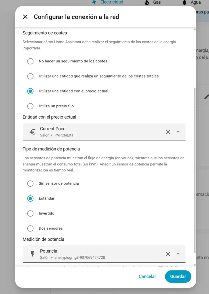 Configuración del seguimiento de costes en Home Assistant usando la entidad Current Price de PVPC Next y el sensor de potencia del enchufe inteligente.