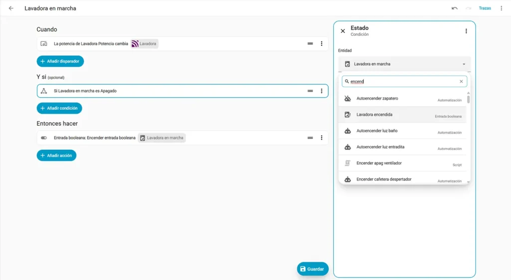 Automatización de Home Assistant mostrando la selección del ayudante Lavadora encendida como condición de estado.