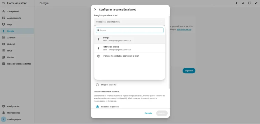 Ventana de configuración de la conexión a la red en Home Assistant seleccionando la entidad de energía importada para calcular el consumo eléctrico con PVPC Next.