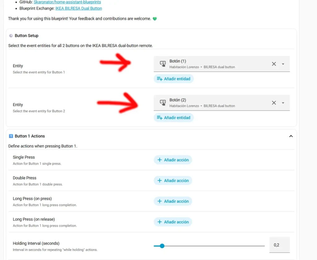 Selección de las entidades del IKEA BILRESA Dual Button en un blueprint de Home Assistant