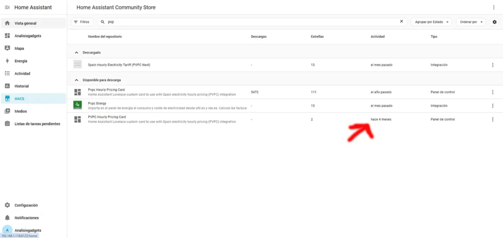 HACS mostrando las tarjetas PVPC Hourly Pricing Card disponibles para descargar en Home Assistant, con la versión compatible con PVPC Next señalada.