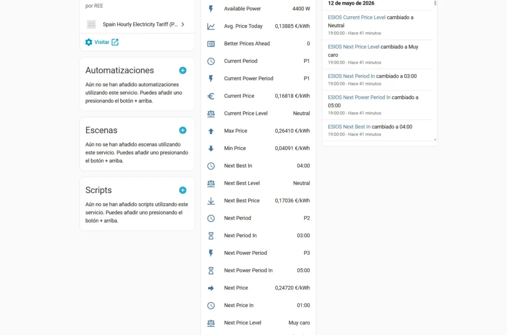 Lista de sensores creados por PVPC Next en Home Assistant, incluyendo precio actual, precio máximo, precio mínimo, periodo actual y próximas horas de cambio.