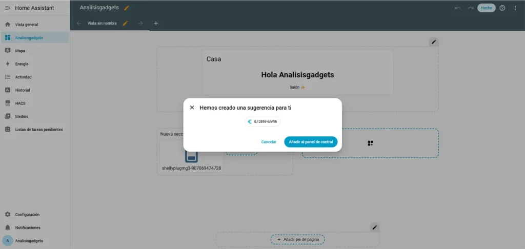 Home Assistant mostrando una sugerencia para añadir al panel de control la insignia con el precio actual de la luz de PVPC Next.