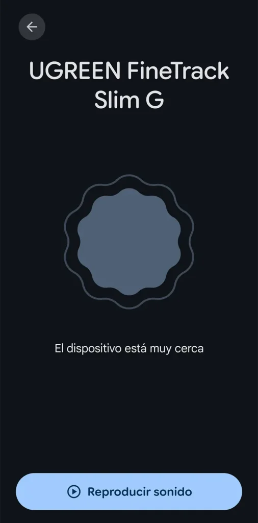 Pantalla de búsqueda cercana del UGREEN FineTrack Slim Smart Finder G en Google Find Hub con botón para reproducir sonido