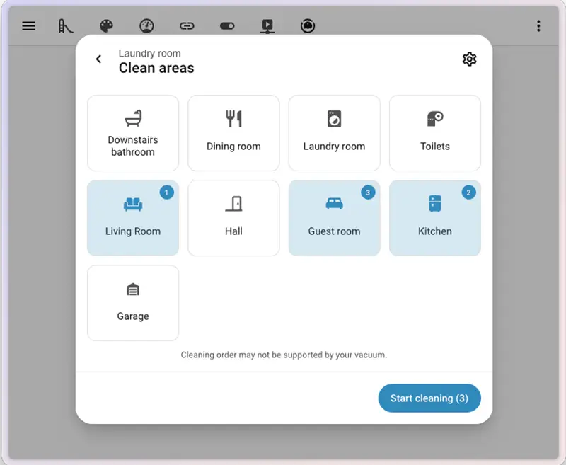 Vista Clean by area de Home Assistant 2026.5 para elegir habitaciones y lanzar una limpieza por zonas con un robot aspirador