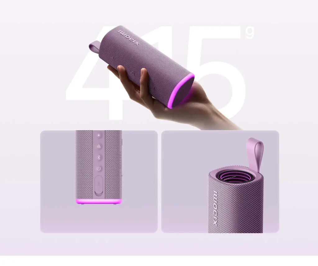 Xiaomi Sound Play en color morado mostrando su peso de 415 gramos, botones laterales, correa de goma e iluminación integrada