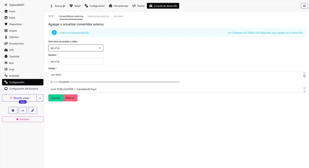 Configuración del convertidor externo del Zemismart ZPS-Z1 en Zigbee2MQTT desde Home Assistant
