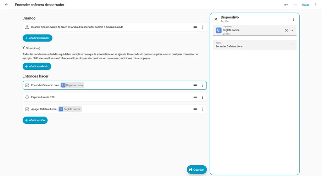 Configuración de la acción en Home Assistant para encender el enchufe de la cafetera cuando suena el despertador.
