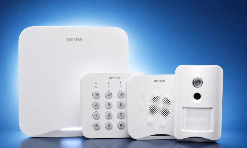 Sistema de alarma ANNKE con panel central, teclado numérico, sirena interior y sensor PIR con cámara sobre fondo azul.