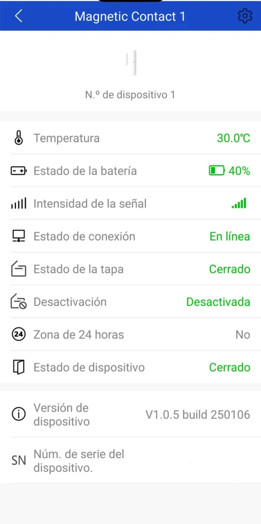 Pantalla de la app ANNKE Vision mostrando el estado de un sensor de puerta, temperatura, batería, señal, conexión y estado de la tapa.