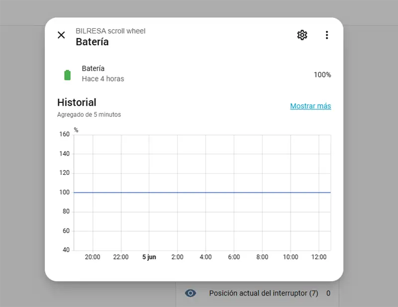Estado de batería del IKEA BILRESA Scroll Wheel en Home Assistant marcando el 100%