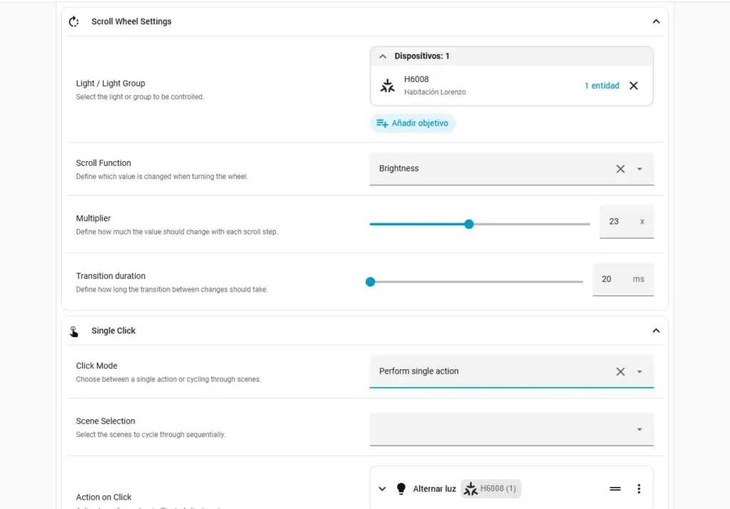 Configuración del IKEA BILRESA Scroll Wheel en Home Assistant para controlar el brillo de una luz
