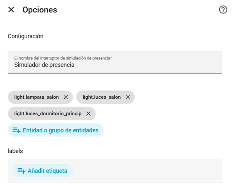 Configuración de Presence Simulation en Home Assistant con varias luces seleccionadas para simular presencia.